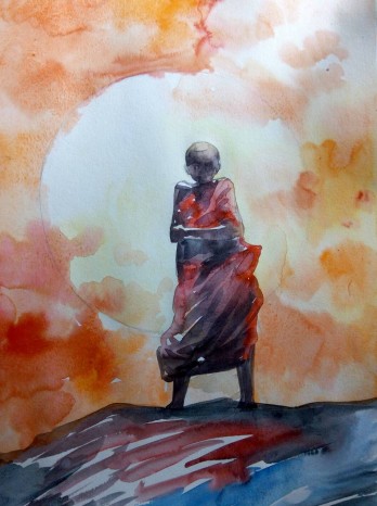 Painting акварелью Закат в Тибете