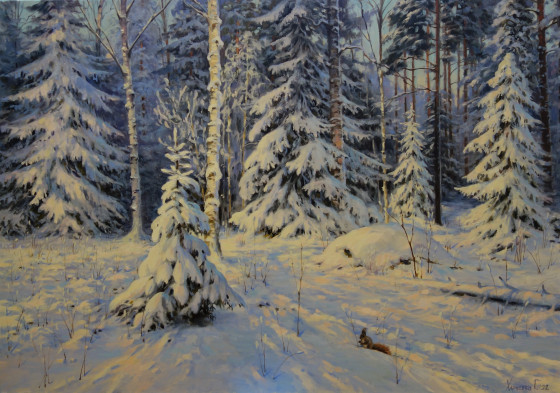 Painting маслом In the winter woods.