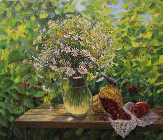 Painting маслом Малиново- Ромашковый Июль