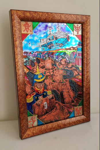 Painting в смешанной технике Витражная картина " Военный парад в эпоху дизельпанка "