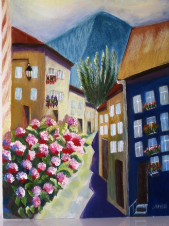 Painting маслом "Куст гортензии на солнечной стороне улицы"_ Прованс.