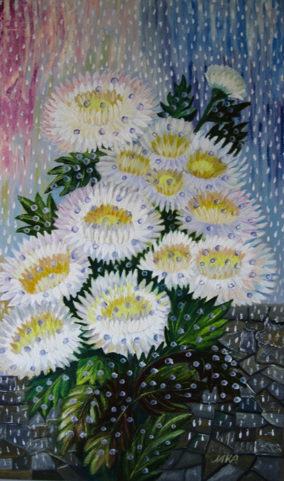 Painting маслом "Хризантемы в брызгах фонтана"