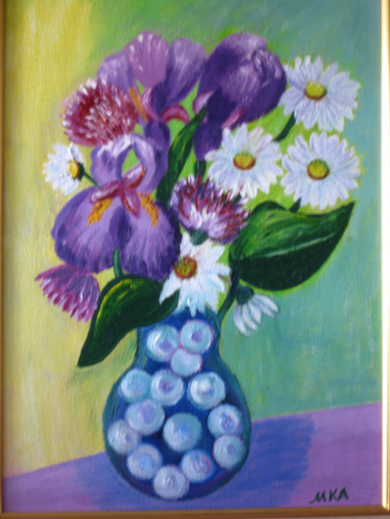 Painting маслом Ирисы и ромашки в стеклянной вазе.