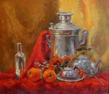 Painting маслом Натюрморт " Серебро на красном"