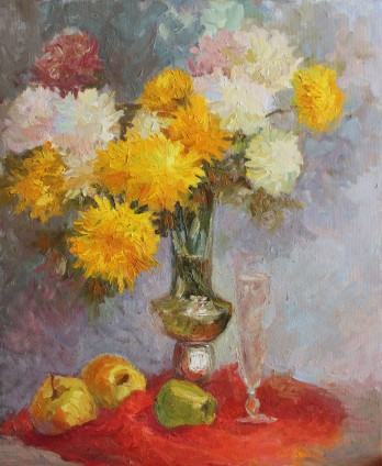 Painting маслом Натюрморт " Хризантемы и яблоки"