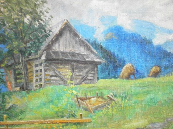 Painting маслом Хатинка в Карпатах