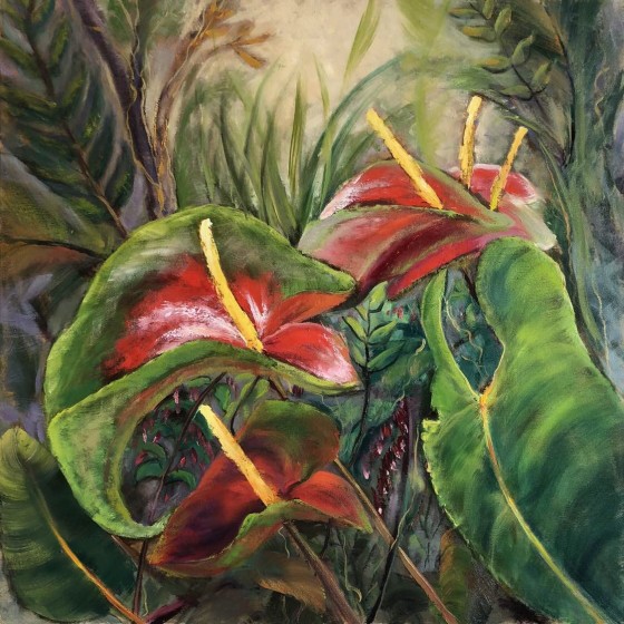 Painting маслом Джунгли. Антуриумы