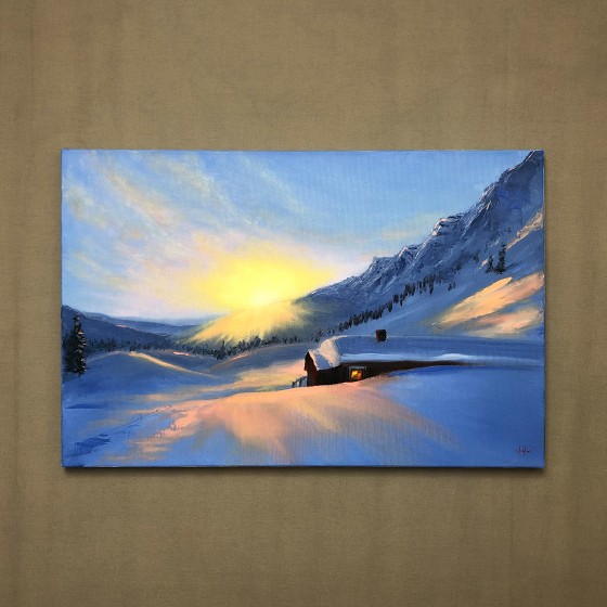 Painting маслом  Закат в заснеженных горах