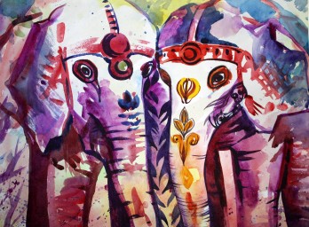 Painting акварелью Слоны