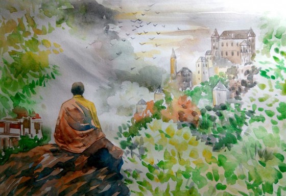 Painting акварелью Рассвет в Тибете