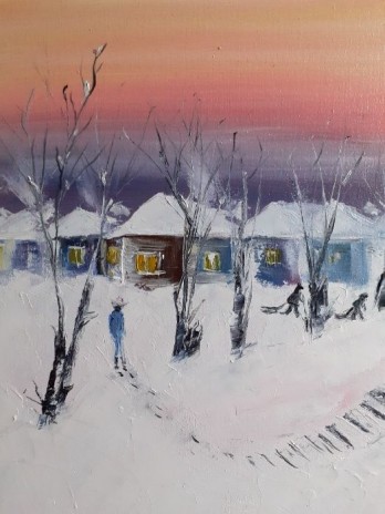 Painting маслом Зимний вечер в деревне