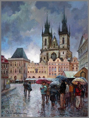 Painting маслом Дождь. Староместская площадь(Влюблённым зонт не нужен)