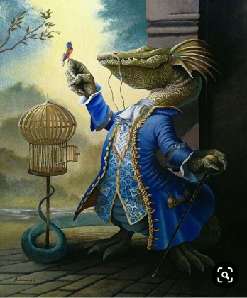 Painting акрилом Дракон с канарейкой