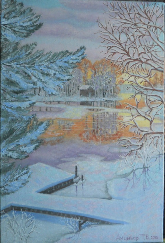 Painting маслом Зимнее озеро 