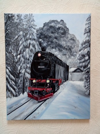 Painting маслом Зимний паровоз