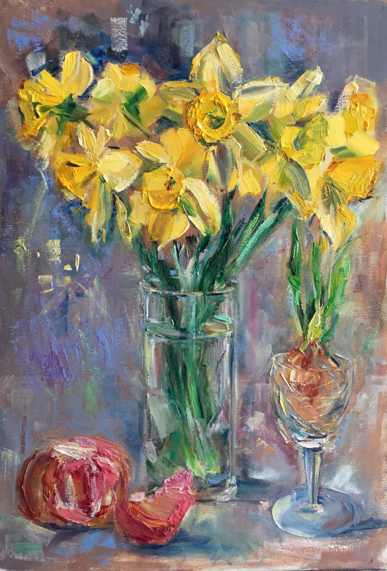 Painting маслом Картина маслом "Натюрморт с нарциссами и лучком"