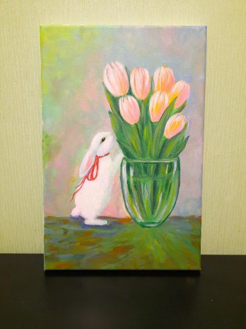 Painting акрилом Зайка и тюльпаны