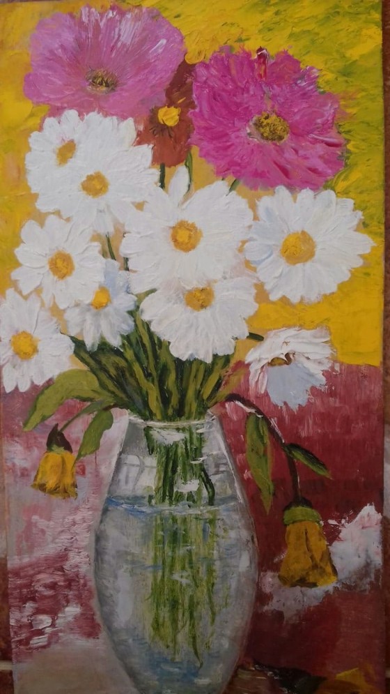 Painting маслом Картина маслом оргалит "Ромашки" 18х37см.