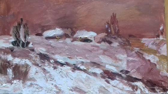 Painting маслом Вечер зимой. Оргалит. Масло.270×160