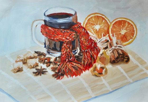 Painting гуашью Натюрморт с чаем и апельсинами