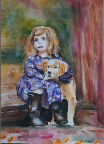 Painting акварелью Девочка и собачка