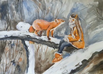 Painting акварелью Девочка и лиса