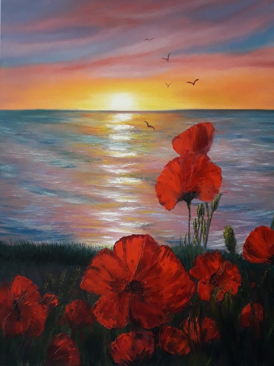 Painting маслом Маки на закате 
