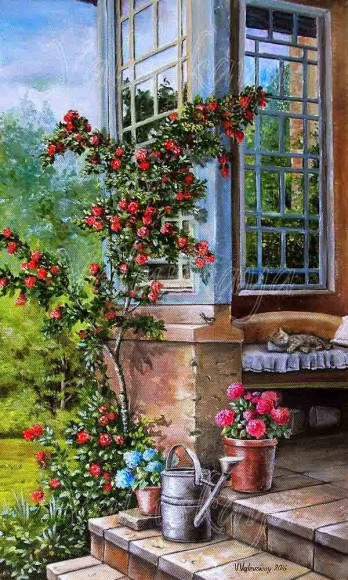 Painting маслом Летний полдень на веранде