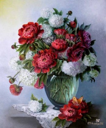 Painting маслом Бульденеж и пионы