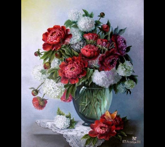 Painting маслом Бульденеж и пионы