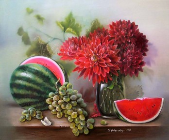 Painting маслом Арбуз, виноград и георгины