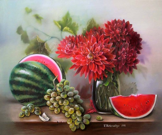 Painting маслом Арбуз, виноград и георгины