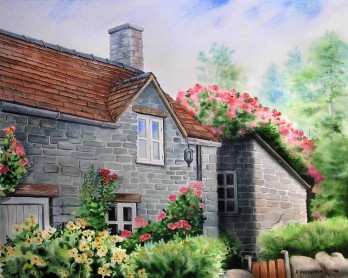 Painting акварелью Дом в цветах