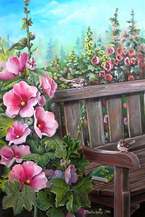 Painting маслом Скамейка в мальвах 