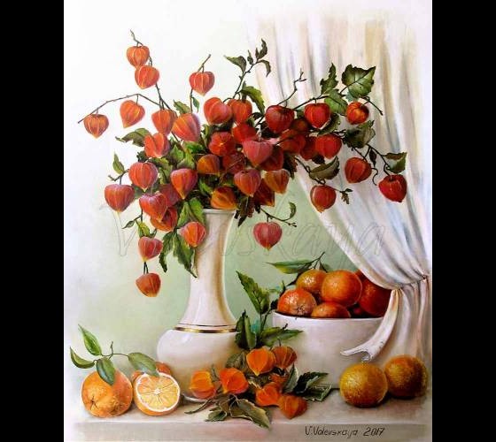 Painting маслом "Физалис и апельсины" - 2017 год; холст, масло; 60см х 50см; художник - Валентина Валевская - 3000