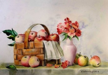 Painting акварелью Яблоки в натюрморте