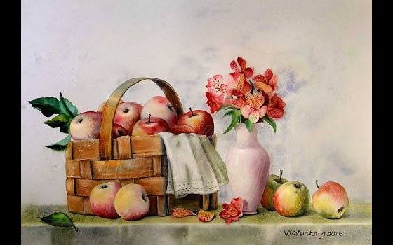 Painting акварелью Яблоки в натюрморте