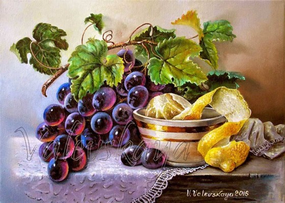 Painting маслом Гроздь винограда и лимон