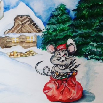 Painting акварелью Мышонок с подарками
