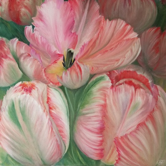 Painting маслом Картина маслом на холсте "Тюльпаны-папугаи" ручная работа 50 на 50 см