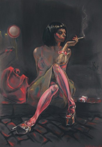 Painting пастелью Розовый чулок или Кошки под фонарем