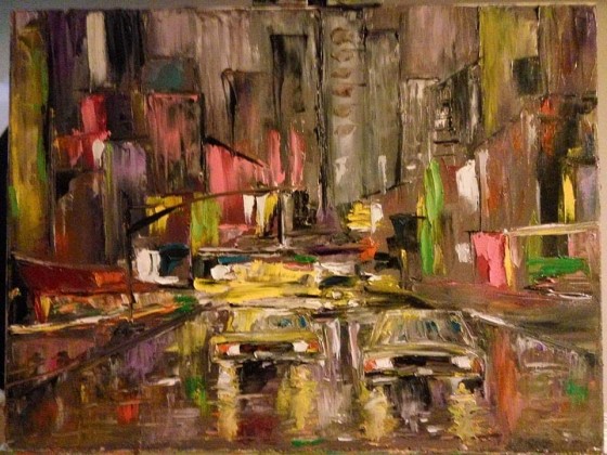 Painting маслом Town in the rain