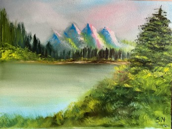 Painting маслом Весеннее озеро в горах