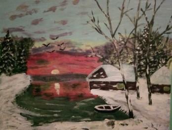 Painting акрилом Домик у озера