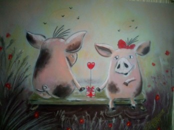 Painting пастелью влюбленные поросята