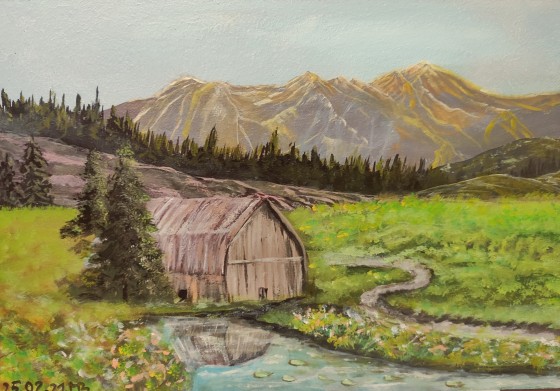 Painting акрилом Домик в горах