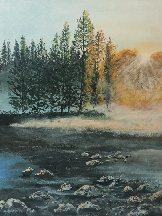 Painting акрилом Туман над рекой