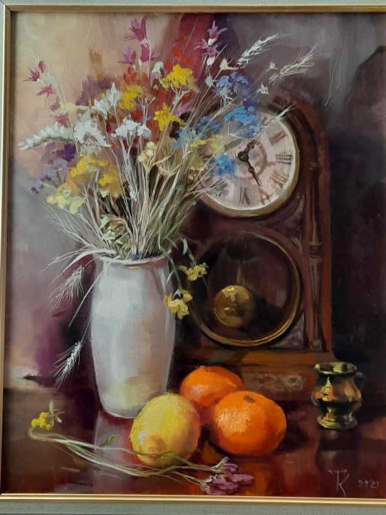 Painting маслом "натюрморт и старинные часы"
