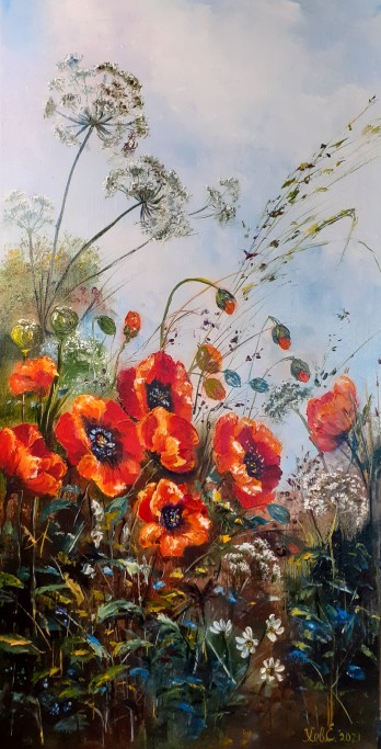 Painting маслом Маки в траве.