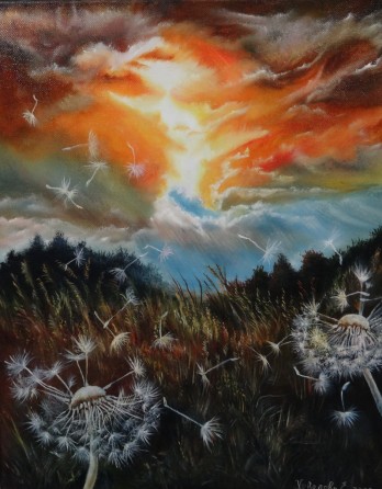 Painting маслом Одуванчики на ветру.